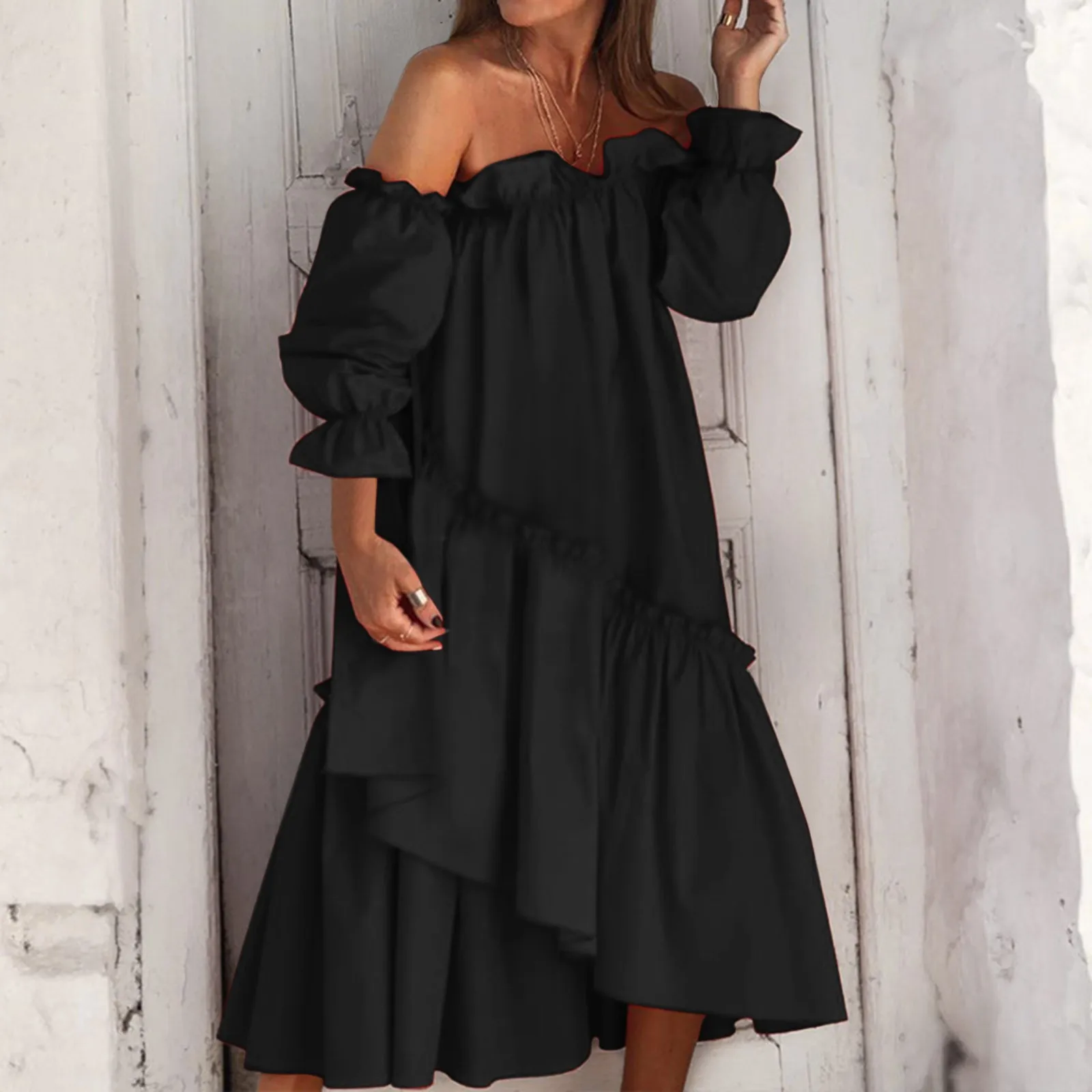 Asymmetrical Loose Off Shoulder Long Dress Women Irregular Ruffles Midi Dresses Holiday Long Sleeve Robe Bohemian Beach Sundress