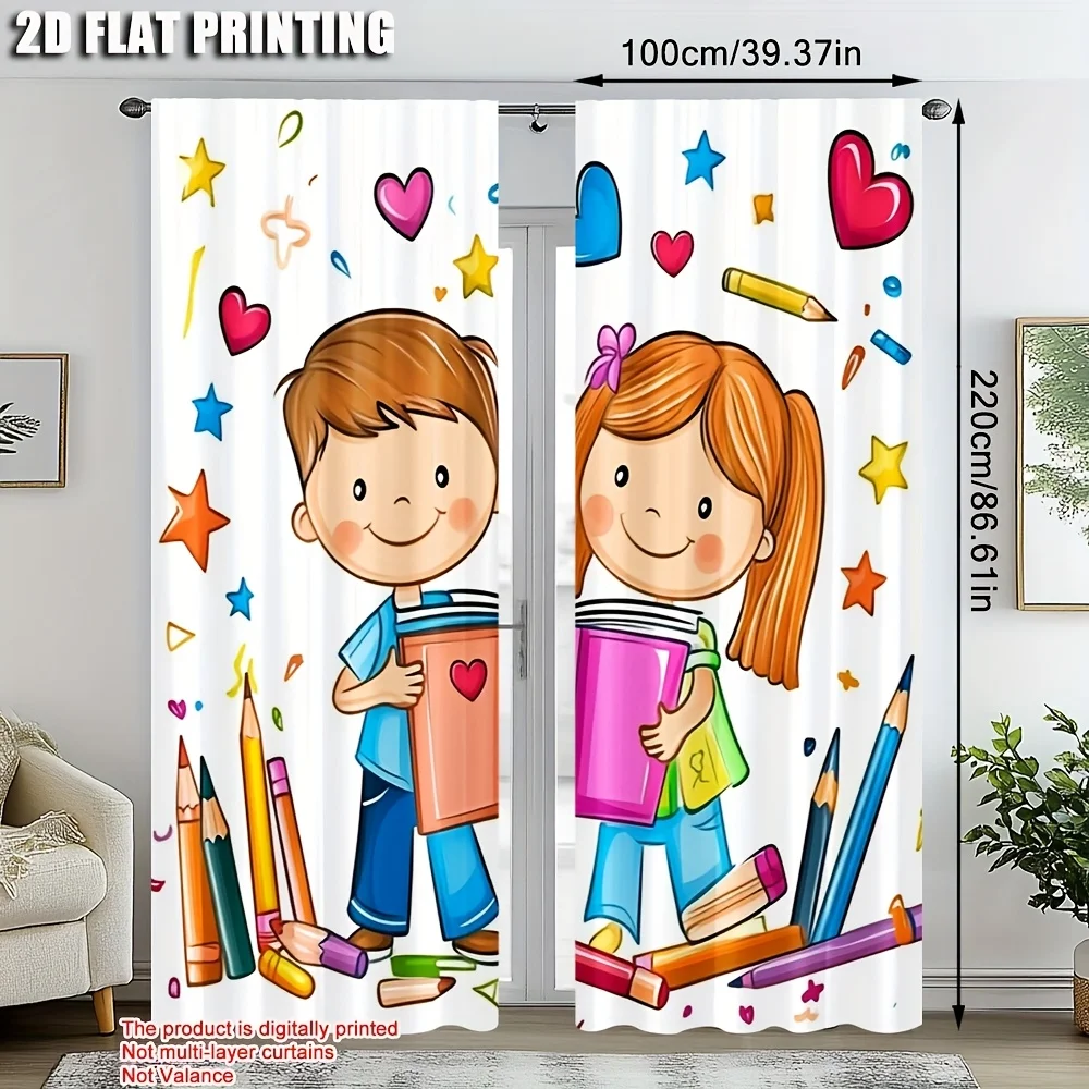 Cute School Kids with Books Blackout Curtains - Cartoon Boy and Girl Student Print Window Drapes with Pencils and Stars for Kids