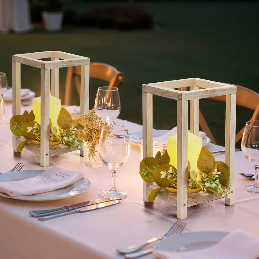 12 Set/36 Pcs Wooden Wedding Lantern Centerpiece, Includes 12 Wooden Lantern Candle Holder 12 Flameless LED Candle 12 Eucalyptus