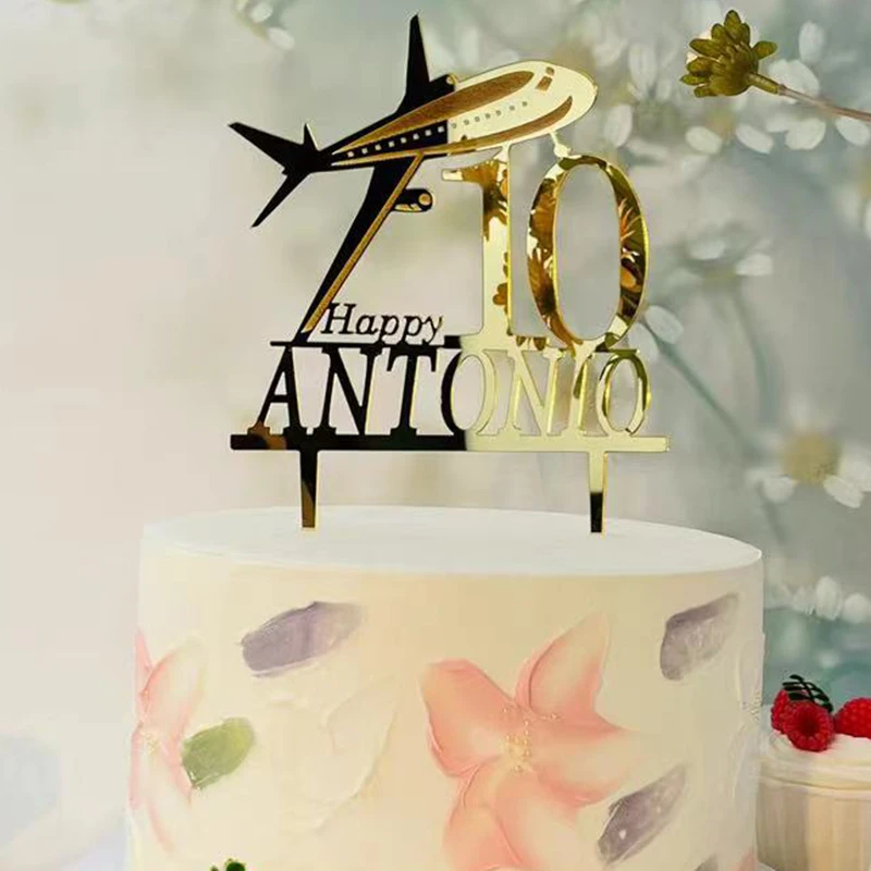 Personalized Aviator Airplane Happy 10th Birthday Party Custom Name Age Plane Cake Topper Gift for Gold Mirror Acrylic