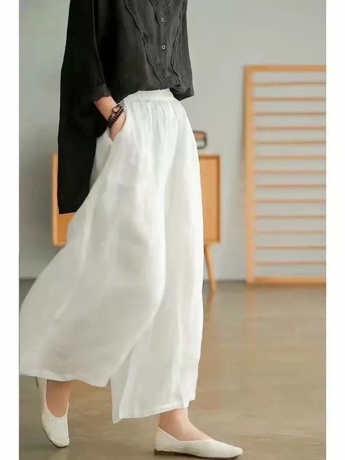 Women's Casual Wide Leg Pants Double Layer Pockets Elastic Waist Versatile Slimming Fashionable Cotton Linen Blend Trousers