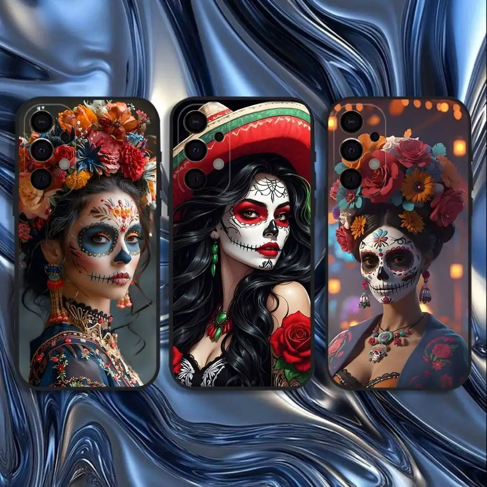 

Day of the Dead Mexican Catrina Skull Phone Case For Samsung S25,S24,S21,S22,S23,S30,Ultra,S20,Plus,Fe,Lite,5G Black Cover