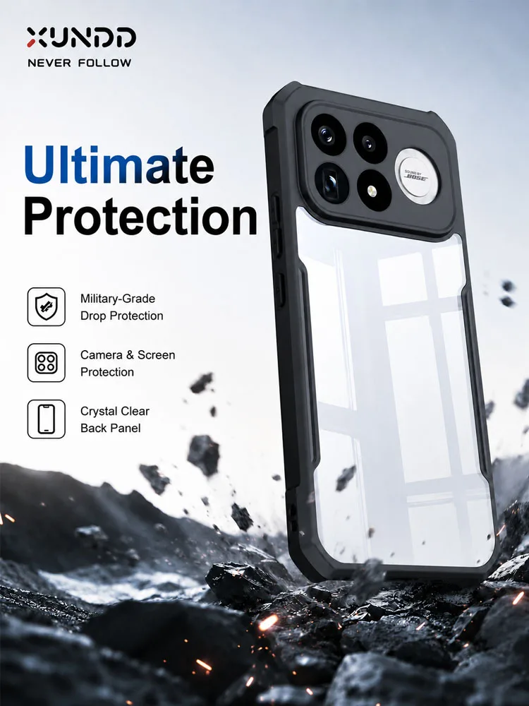 Etui XUNDD do Redmi K100 Pro Max POCO F9 Ultra z magnetyczną podstawką, odporne na wstrząsy, z poduszką powietrzną, przezroczyste czarne etui z ochroną aparatu. — 2