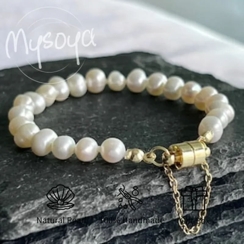 

MYSOYA White Freshwater Pearl Bracelet 5-6mm With Gift Box For Her/Him Birthday/Wedding/Christmas/New Year/Anniversary Gift