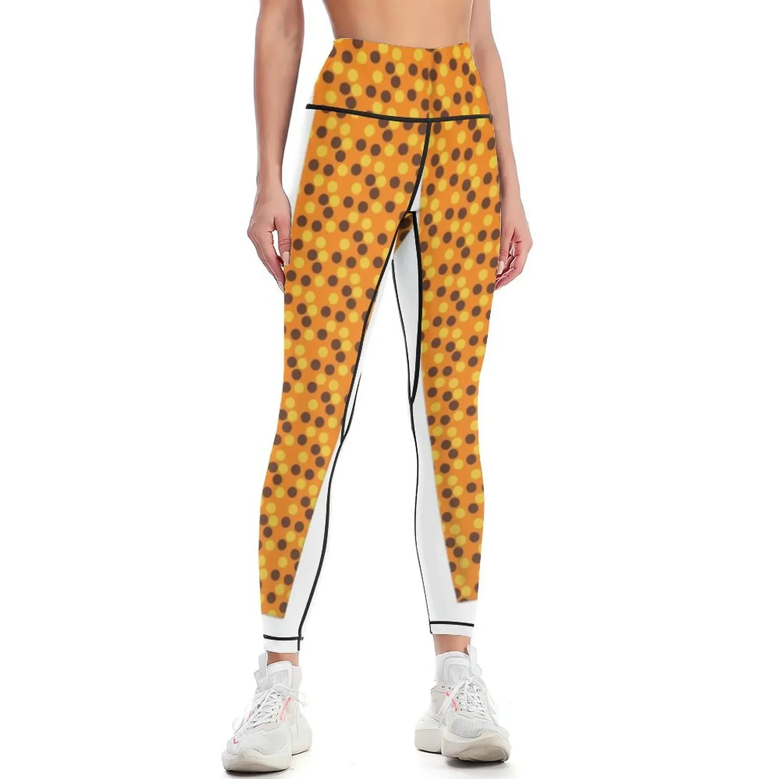 Brown, yellow Polka Dots on Orange Background Leggings harem pants Women's sportswear gym womans trousers Womens Leggings