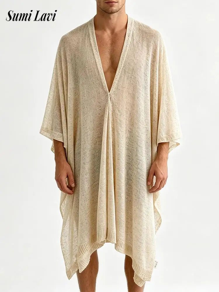 

Mens Vintage Knit Cover-up Trendy Leisure Solid Color Breath Loose Deep V Neck Cloaks Summer Casual Ice Silk Mesh Cardigans
