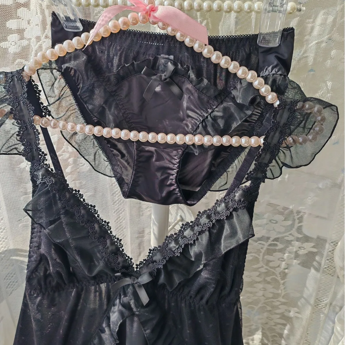 Women Black Ice Silk Nightgown Set Spaghetti Strap Bow Lace Ruffle Sleep Dress With Matching Panties Sexy Lingerie Home Pajamas view 3