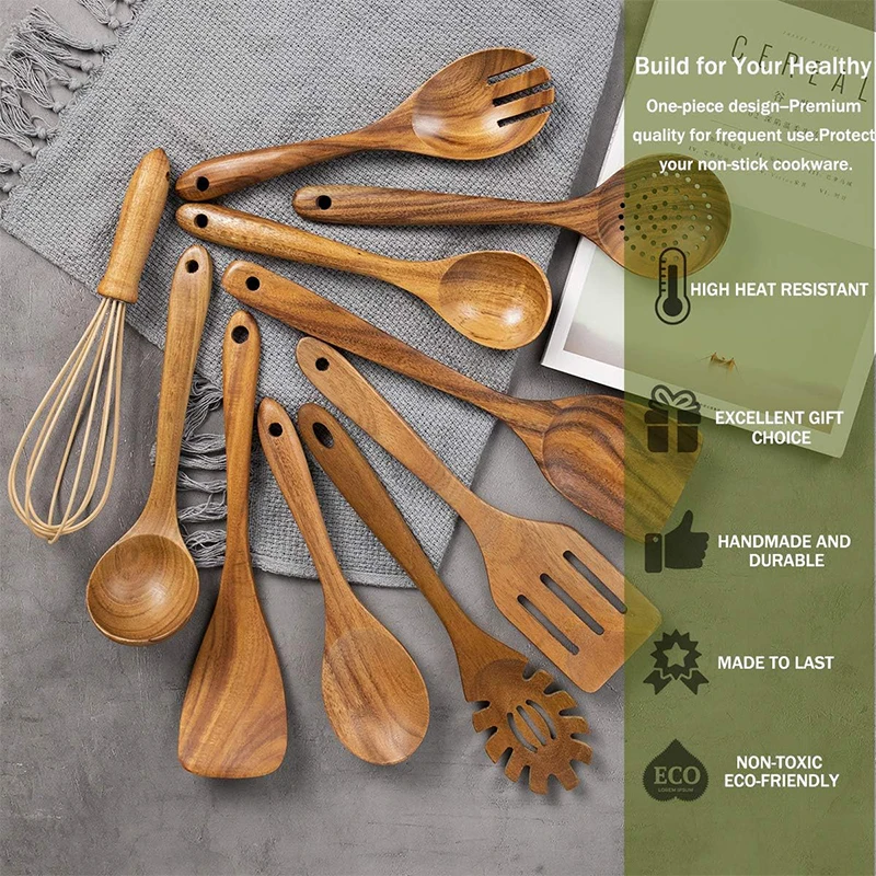 

Natural Teak Wooden Cooking Utensils Set 10 Pack, Wooden Spoons Spatula Kitchen Tools for Cooking Baking, Model JT503