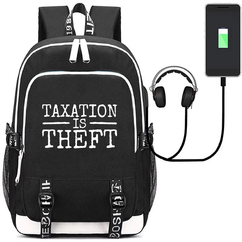 Taxation is Theft Backpack with USB Charging Port Bookbag Funny Meme Laptop Bag School for Students Mochila