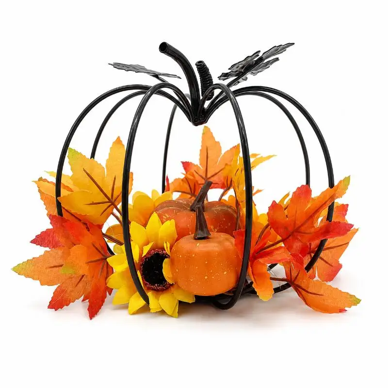 Black Iron Art Pumpkin Decoration Autumn Harvest Theme Desktop Ornament with Amber Glass Candle Holder for Fall Decor Home