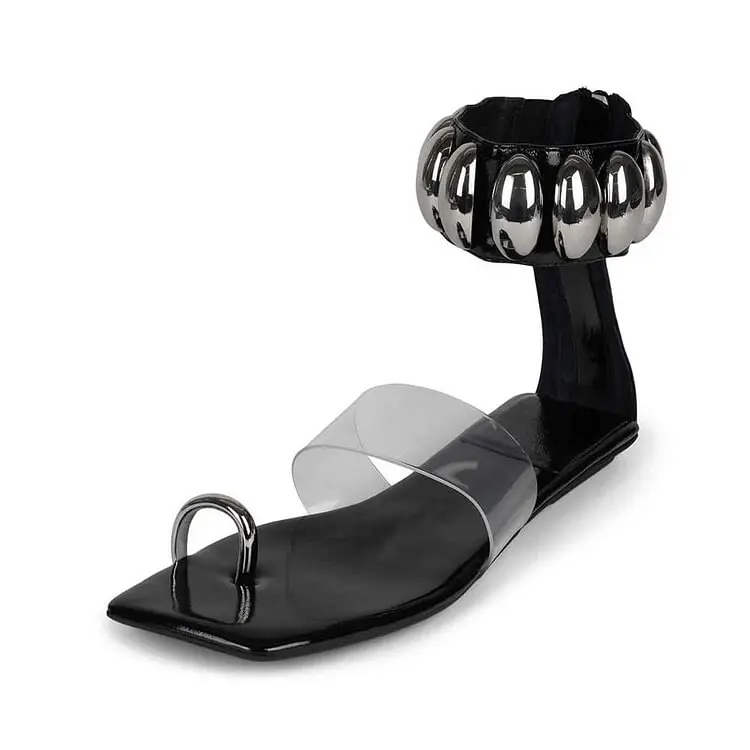 

Black & Silver Open Toe Decorative Ankle Strap Flat Sandals for Women