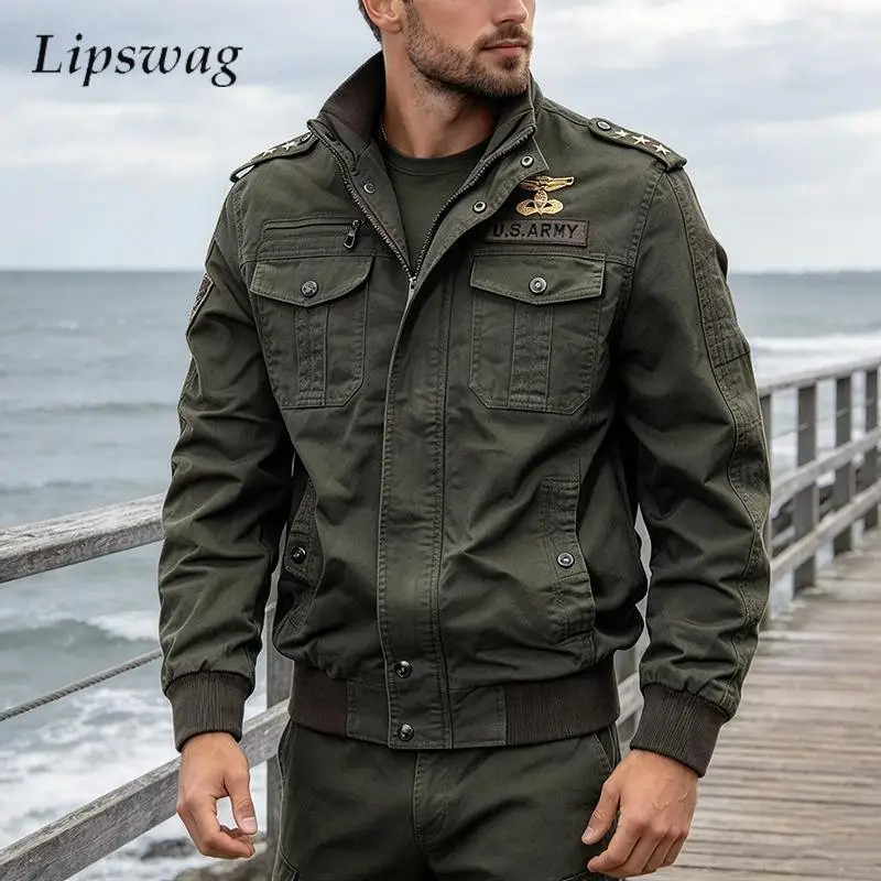 Streetwear Vintage Solid Color Jacket Mens Daily Outdoor 2026 Autumn Multi Pocket Cargo Coats For Male Stand Collar Outerwear