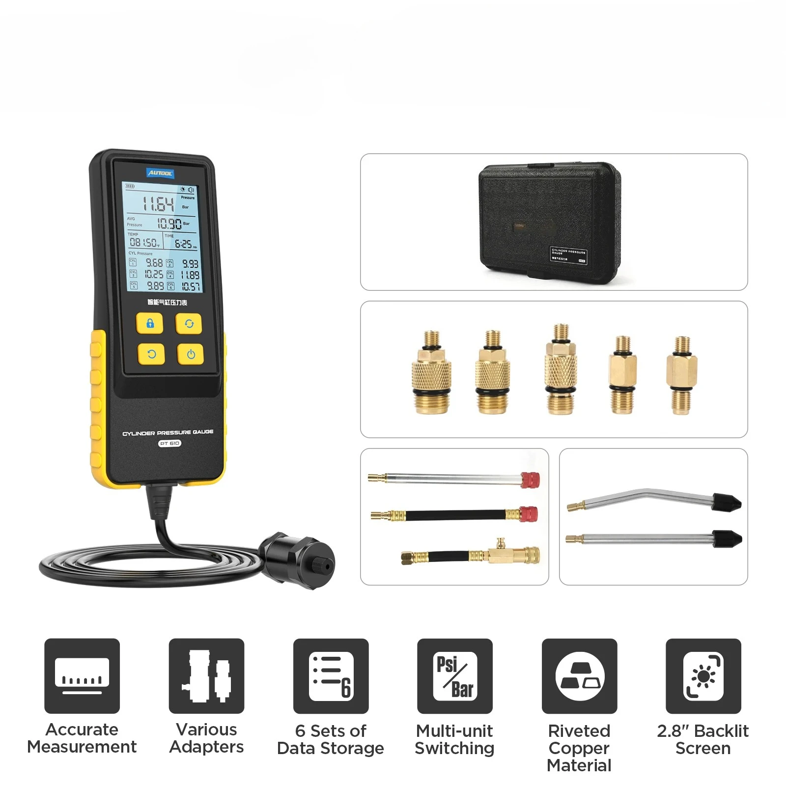 PT610 Cylinder Pressure Gauge Digital Display 0-426 PSI 29 Bar °C  ℉Data Saving High Accuracy for Automotive Motorcycle
