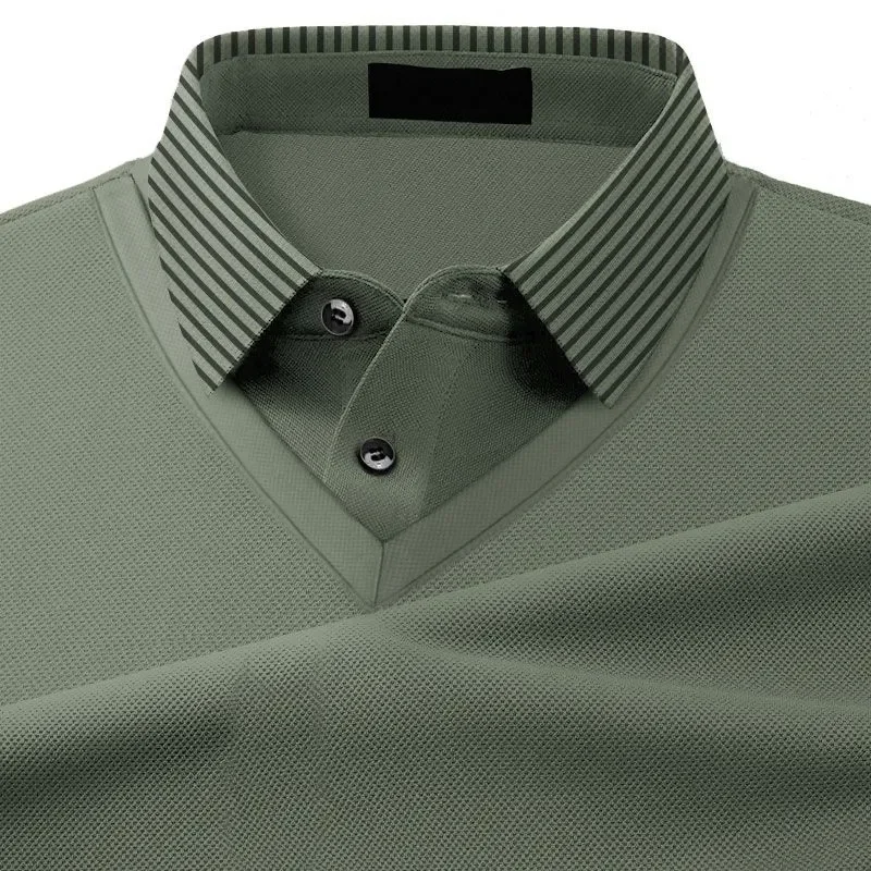 Mens Striped Collar Contrast V Neck Polo Shirt Button Placket Breathable Casual Business Top