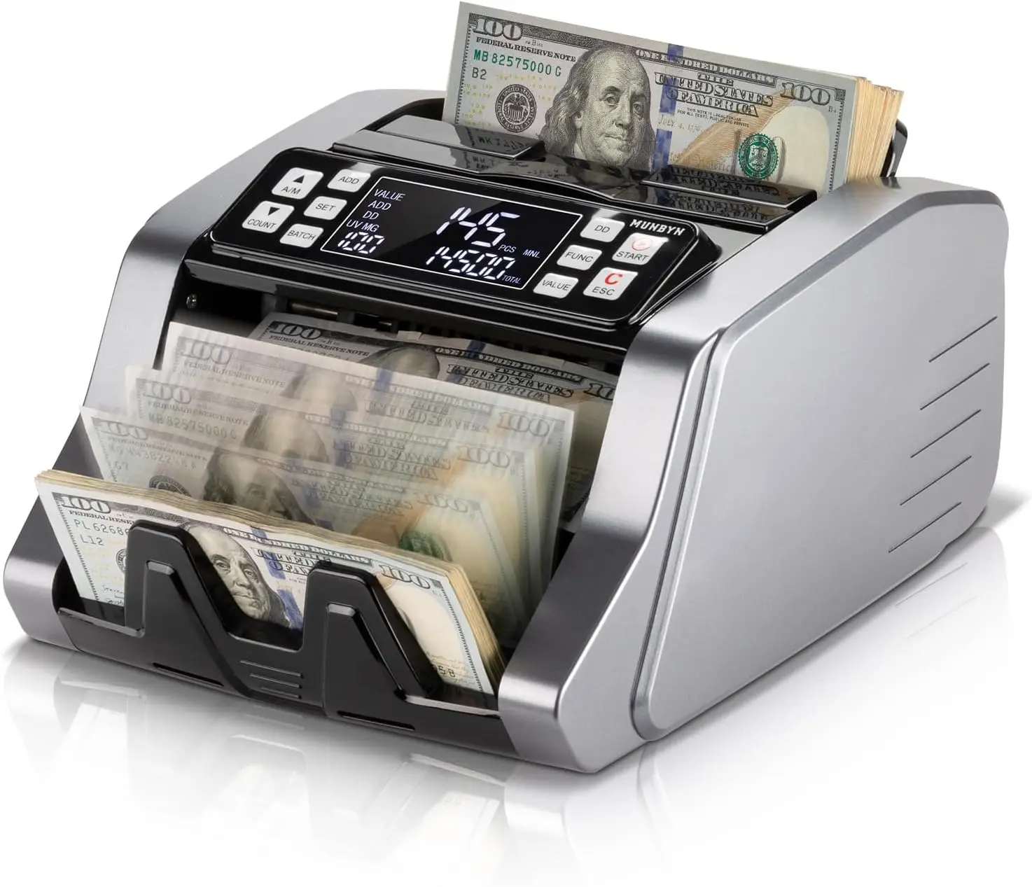 

Money Counter Machine with Value Count, UV/MG/IR/MT Detection for Dollar/Euro, Add/Batch/Value Mode, LED Display, 2-Year Warranty, Grey