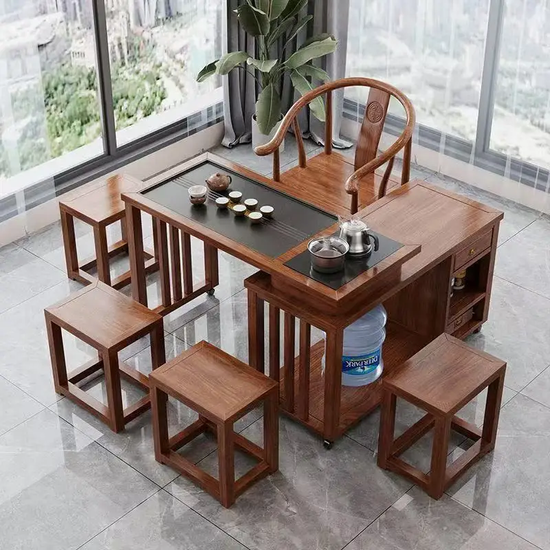 Rotating solid wood tea table Tea table Small apartment balcony mobile 1 meter 1.2 meters Tea table Solid wood with boiling