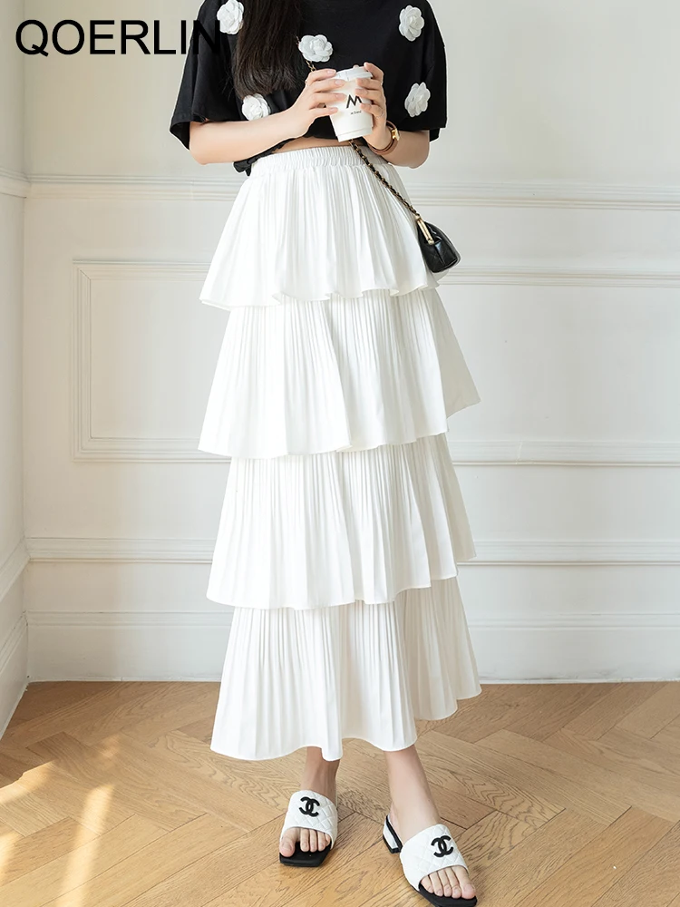 QOERLIN Ruffles Layers Skirts Summer New Women Loose Casual Pleated Long Skirts Black White Elastic High Waist Skirt Fashion