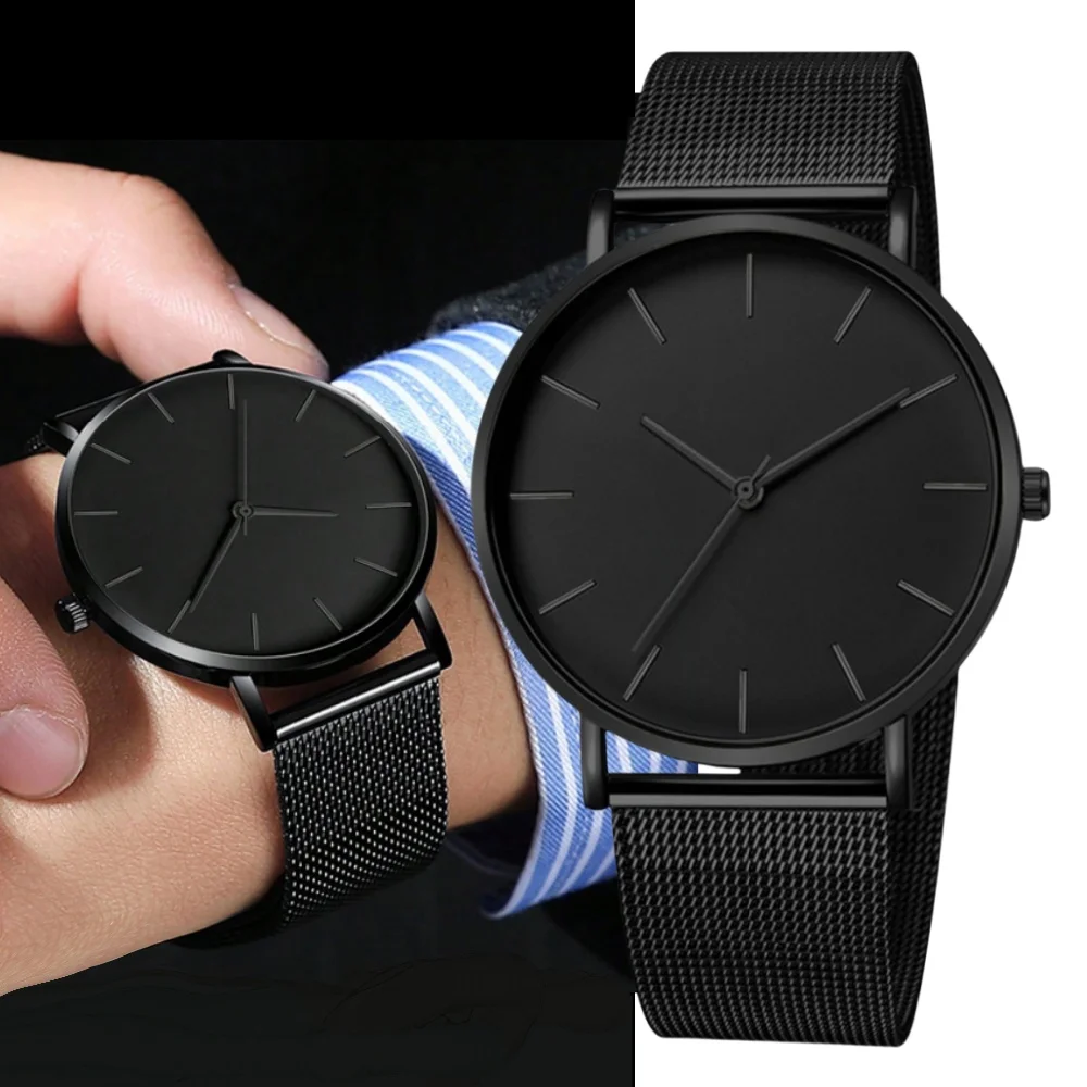 Fashion Leisure Simple Ultra Thin Men Women Creative Black Stainless Steel Quartz Watches Men Business Male Wristwatch Clock