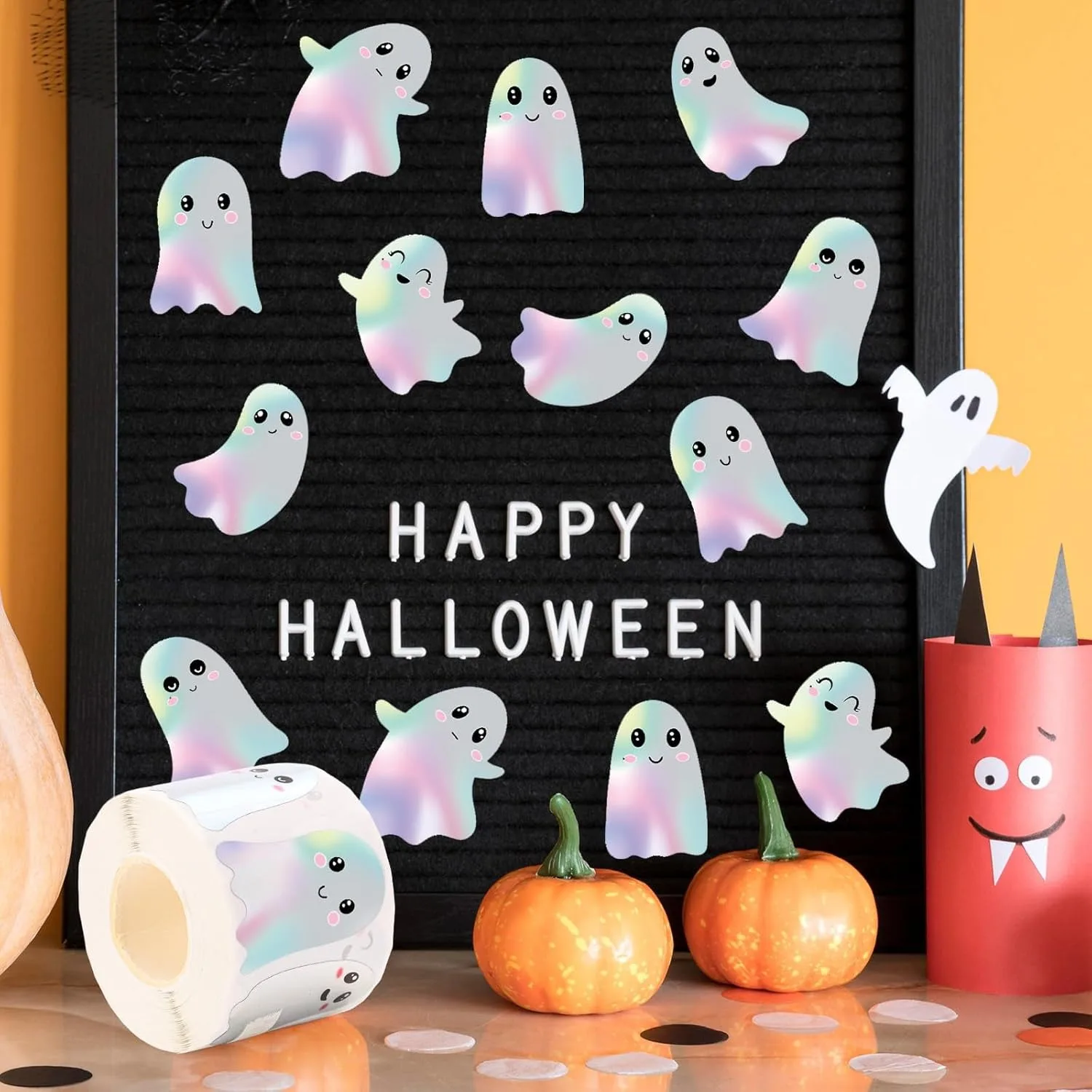 500Pcs/Roll Cute Gradient Ghost Holographic Stickers Waterproof Halloween Candy Gift Packaging Sealing Stickers