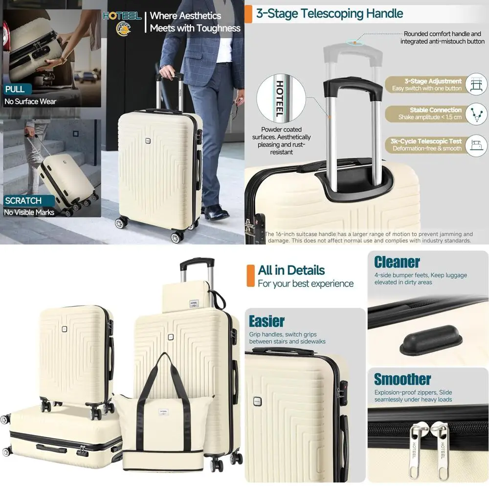 

Набор чемоданов из 5 предметов из АБС-пластика + ПК с гарантией 4 года, замком TSA, колесами и ручной клади, бежевый