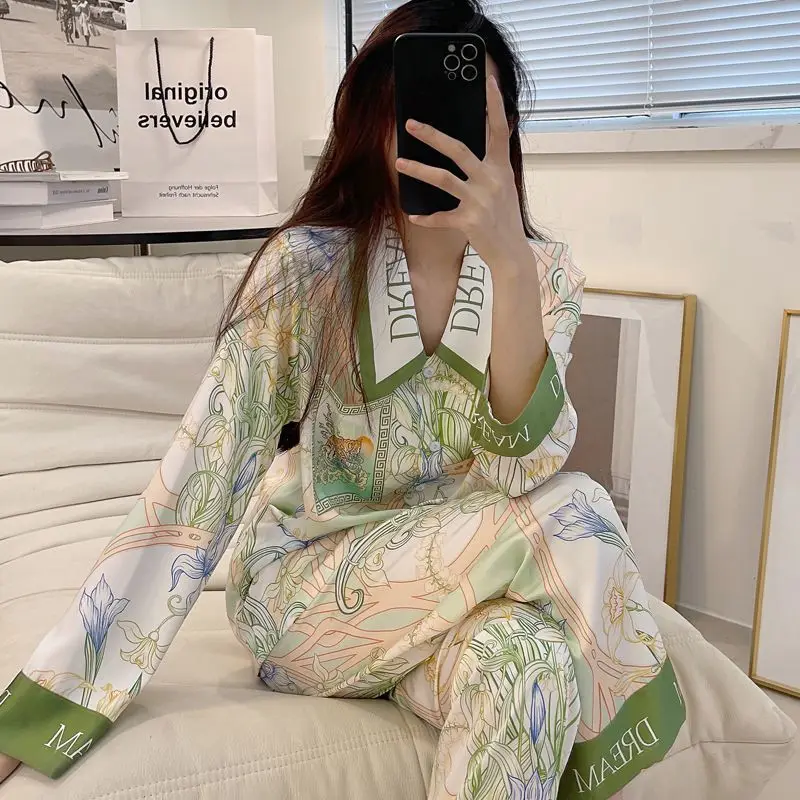 Silk Sleepwear Women Long Sleeve Cardigan Long Pants Pajama Sets Print Kawaii Clothes Loungewear Homewear Luxury Brand New