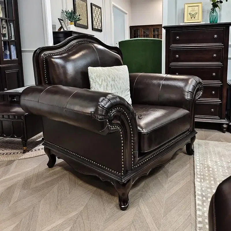 01American all-solid wood leather sofa small apartment living room first layer cowhide three people