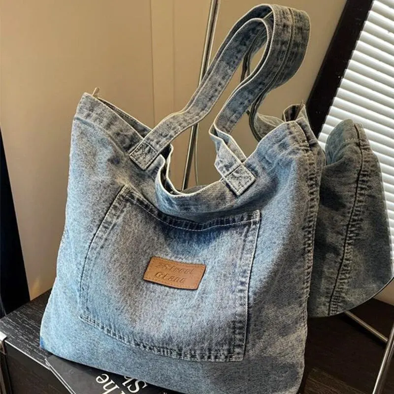 Denim Fabric Handbag Soft Portable Lady Chic Tote Bags Washed Denim Casual Women's Denim Bag Crossbody Bag