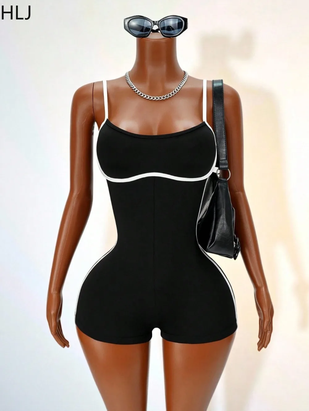 HLJ Women Black Contrast Trim Bodycon Romper Spaghetti Strap Sleeveless Square Neck Unitard Shorts Jumpsuit Casual Sportswear