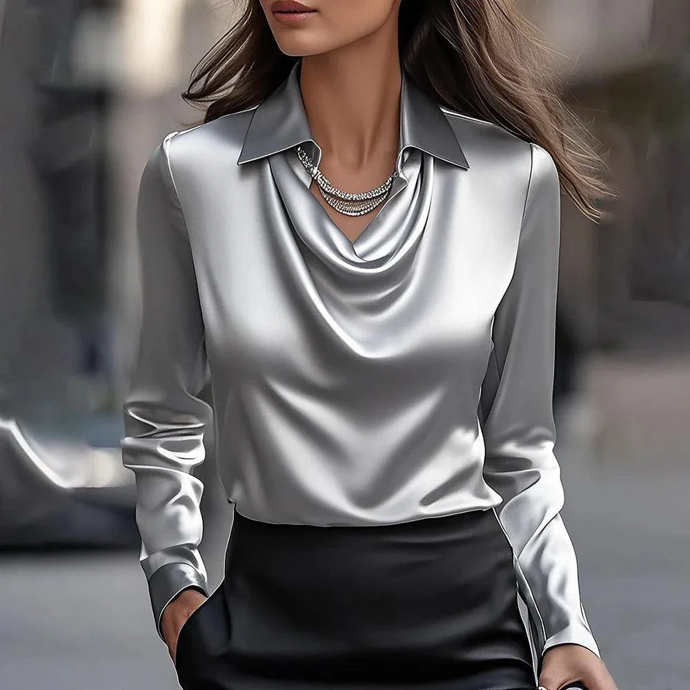 

Woman Swing Collar Draped Shirts & Blouses Elegant Solid Satin Office Ladies Top Pullover Spring Long Sleeve Casual Blusas Mujer