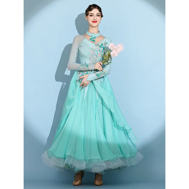 Padrão nacional dança moderna grande balanço vestido para valsa s7103 diamante cravejado desempenho traje