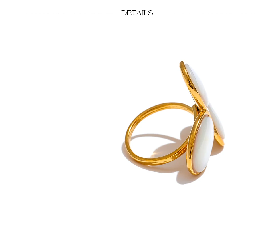 Yhpup Luxuriöser, hochwertiger, natürlicher Muschel-Blume, goldener, verstellbarer Ring, modischer Charm-Schmuck aus Edelstahl 316, gegossener Technologie – Detail 8