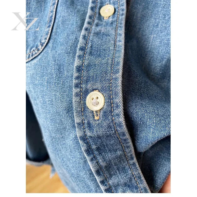 Blue Waed Cotton Denim Jaet Women's Spring Autumn Loose ort Sle Handbag Store Korean Faion Casual Top Coat
