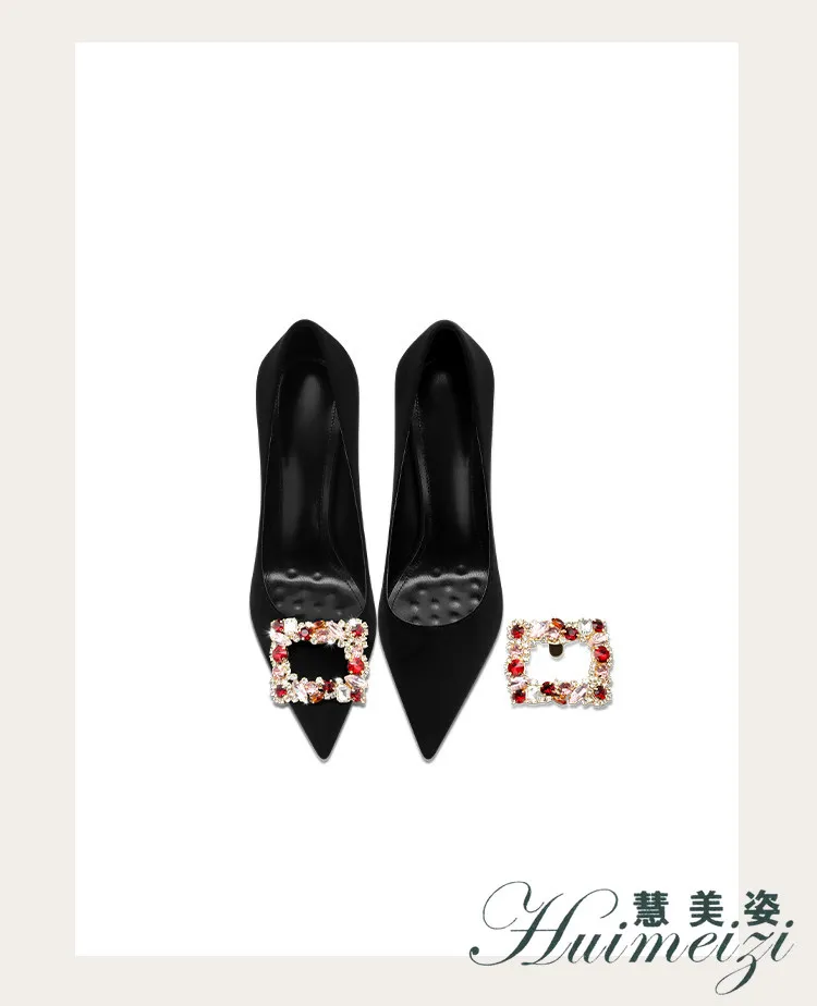 HMZ 2027 Removable Color Square Buckle Single Shoes Women Wear Black Suede High Heels Pointed Ends
