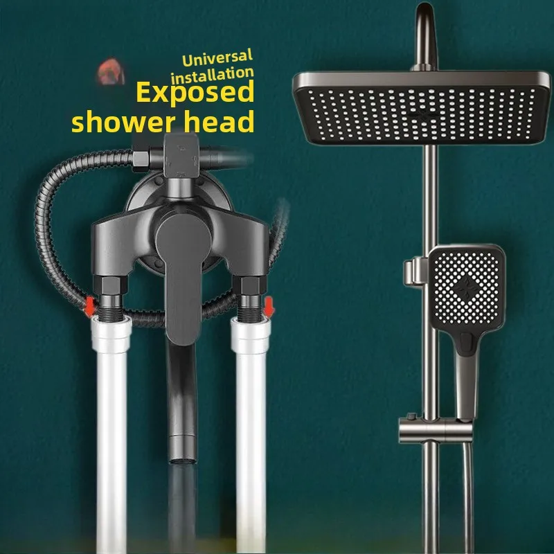 Full Copper Shower System Complete Set, Surface Mounted Pressurized Shower Head Faucet for Household Solar Water Heater Bathroom