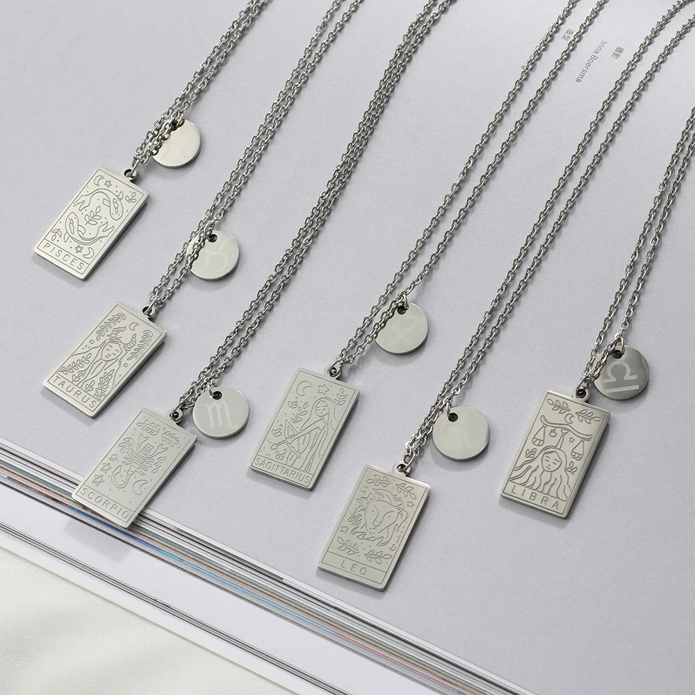 Creative Carved Square Zodiac Necklace Pendant Unique Personality Jewelry Collarbone Chain Accessory Gift for Friends