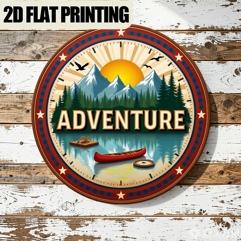 Wooden Canoe Mountain Wall Art, Round Metal Sign with Floral Geometric Patterns, Unique 2D Design Home Decor for Living Room