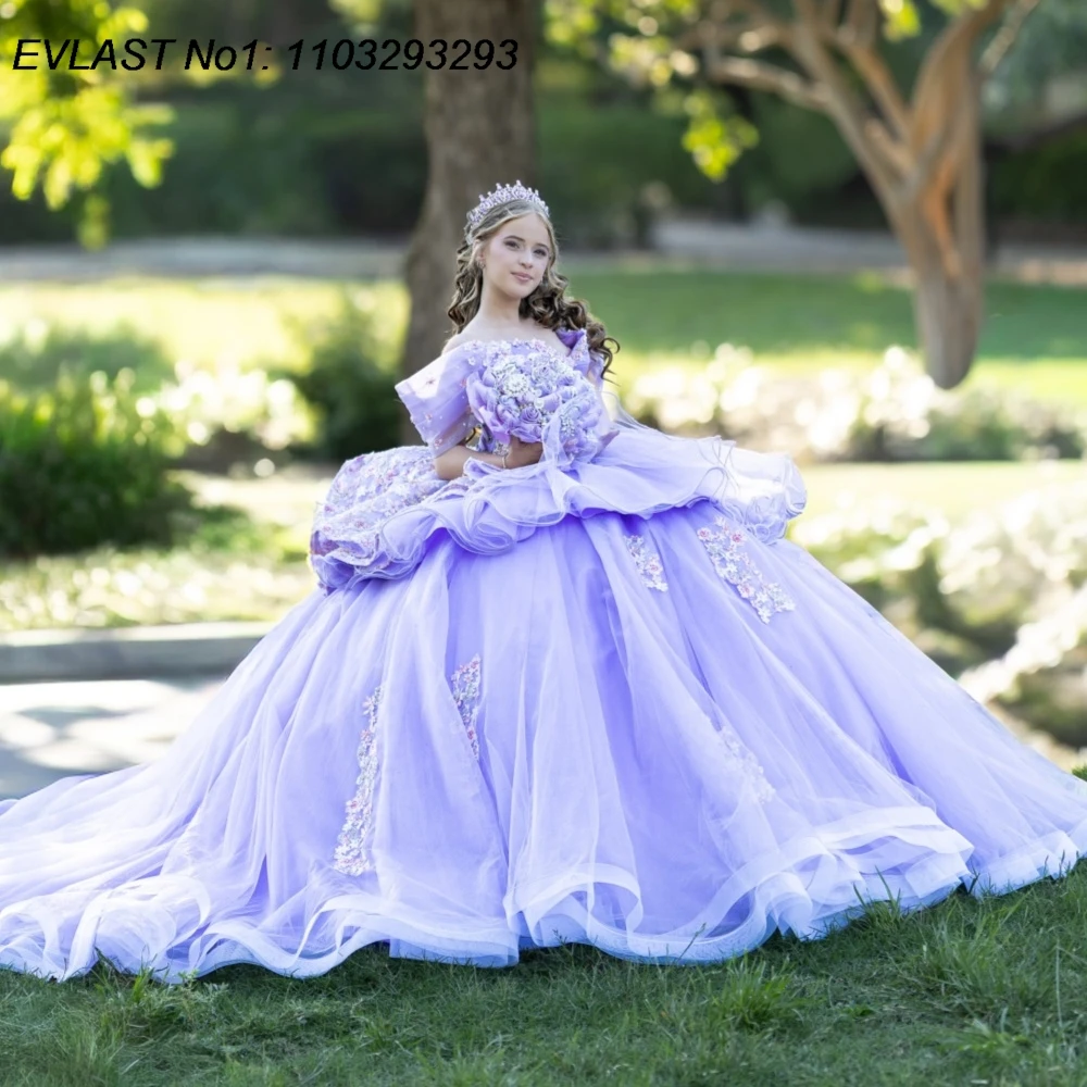 EVLAST Customized Sparkly Lilac Quinceanera Dress Ball Gown Lace Applique Beading Crystal Ruffles Sweet 16 Dress 15 Años AQ403