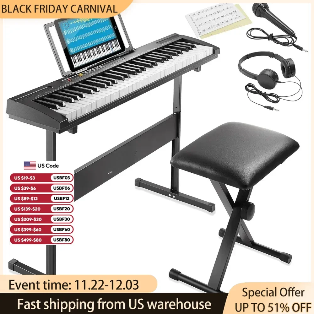 61-Key Digital Electronic Keyboard Piano for Beginners, Includes Stand, Bench, Headphones, Mic and Keynote Stickers Piano