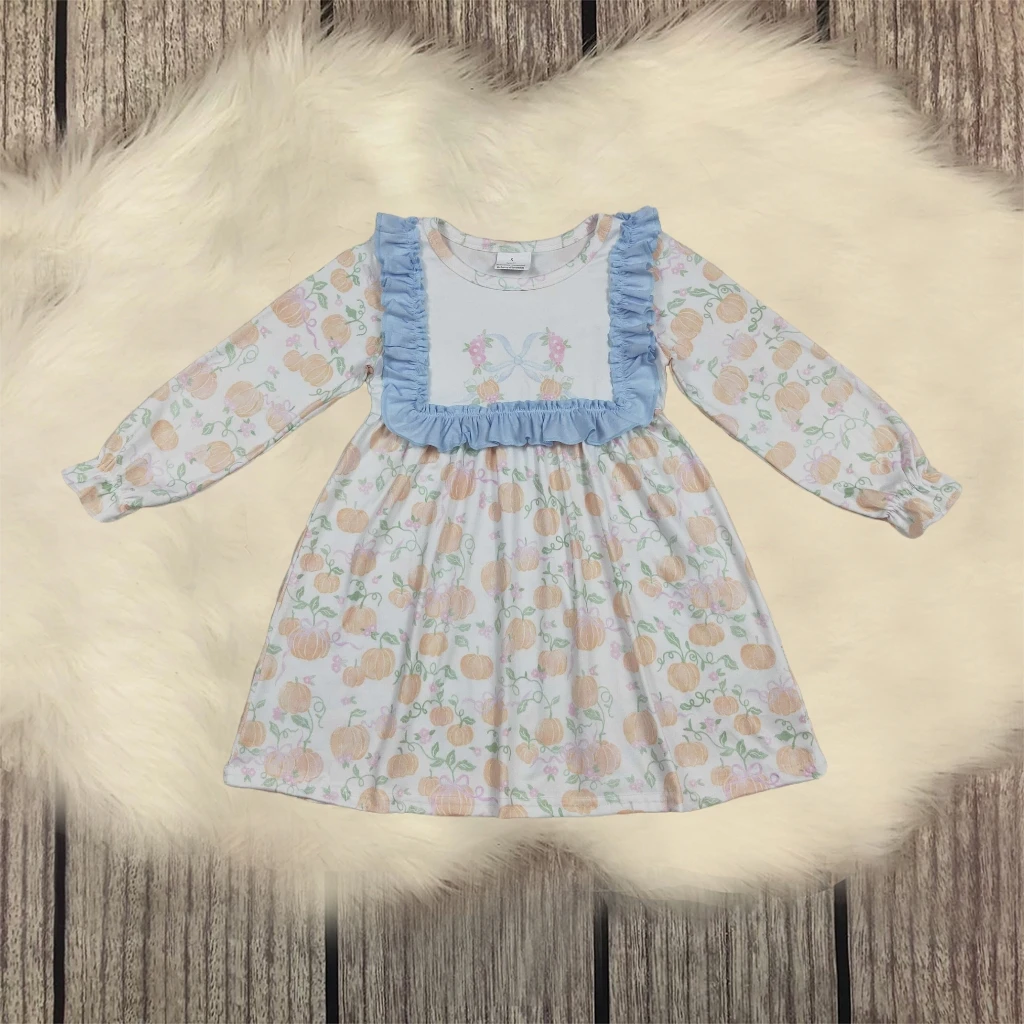 

Kids Children Thanksgiving Clothes Infant Toddler Baby Girl Light Blue Pumpkins Print Long Sleeves Floral Fall Dress Wholesale