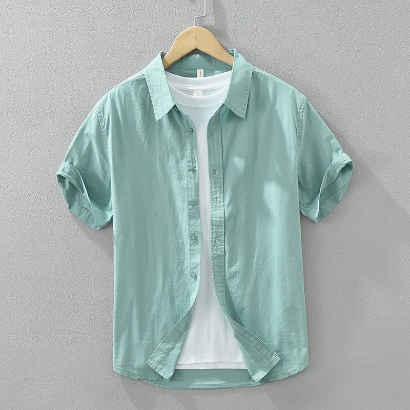 Pure Cotton Solid Color Short Sleeved Shirt For Men's Versatile Casual Artistic Loose Collar Top Japanese Minimalist