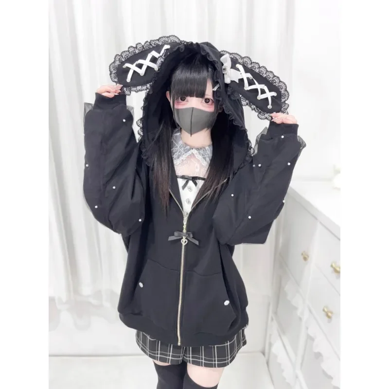 

Spring Autumn Sweet Cute Bunny Ears Hooded Lace-up Bow Pearl Zipper Jacket Long Sleeve Sweatshirt Japanese Coat Women Hoodie