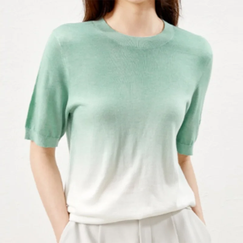 Casual Short Sleeve Ice Silk Knit Shirt Summer Women Clothes Elegant O-Neck Blouse Fashion Gradient Color Office Lady Tops 27591