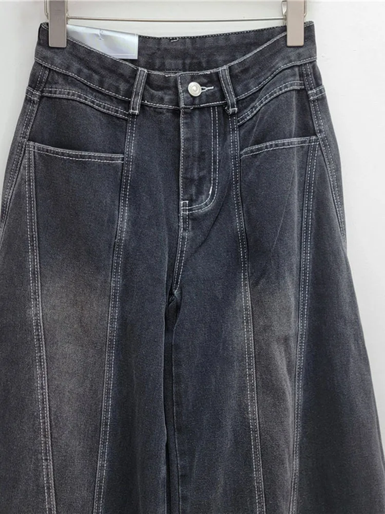 DEAT Moda Nuova Collezione Jeans a gamba larga a vita alta tinta unita da donna 2024 Pantaloni in denim dritti alla moda autunno femminile 33A2013