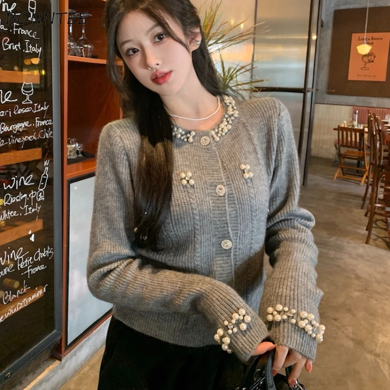 Temper Chic Cardigan Women Daily Beading Design Solid All-match Harajuku Elegant Tender Korean Fashion Autumn Outwear Knitwear