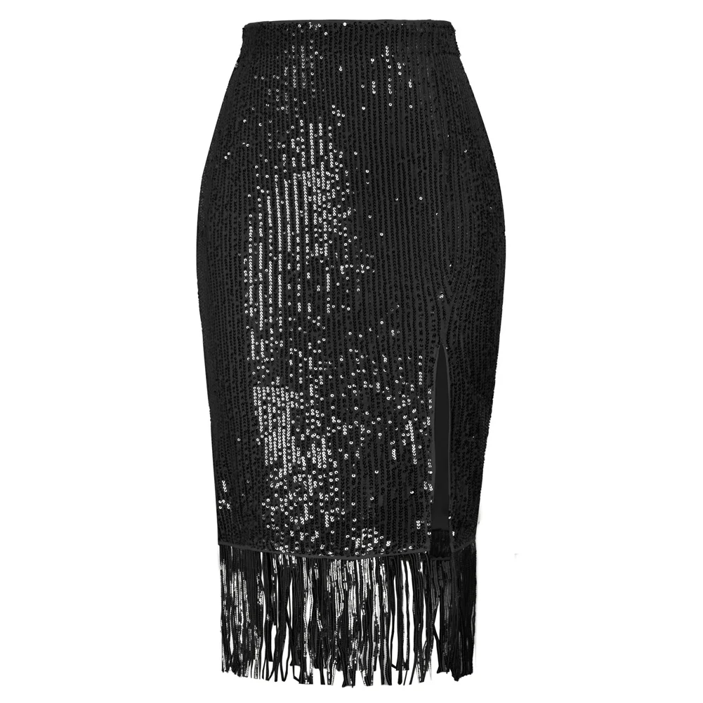 

KK Women Sequined Party Skirt Hips-wrapped Elastic Waist Front Slit Tassel Hem Sparkling Sexy Cocktail Skirt Lady Luxury Fashion