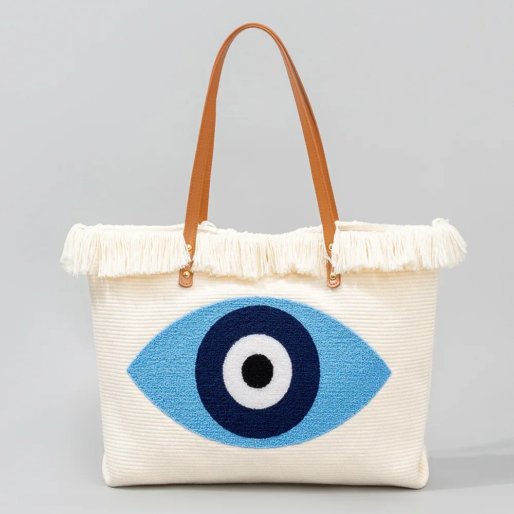 

2024 New Fashion Women's Handbag Tassel Towel Embroidered Eye Large Capacity Tote Shopper Travel Bag Beach Bag Shoulder Bag