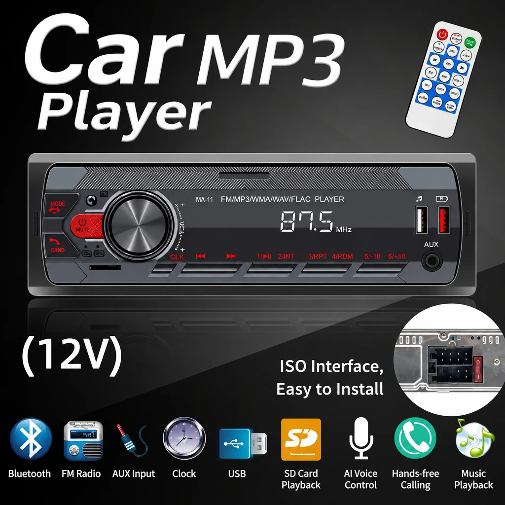 1 DIN 12V/24VCar Radio Stereo Bluetooth MP3 Player Audio FM Aux Input Receiver SD TF USB Multimedia Autoradio Player