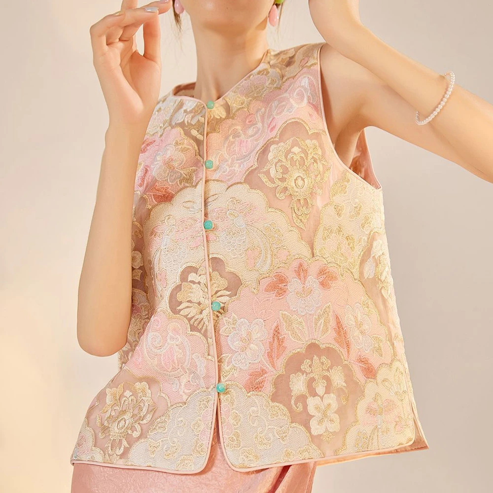 New Chinese Style Embroidery Vest Qipao Tops Lady 100% Mulberry Silk Sleeveless Coat Vintgae Classic Cheongsam Hanfu Jacket