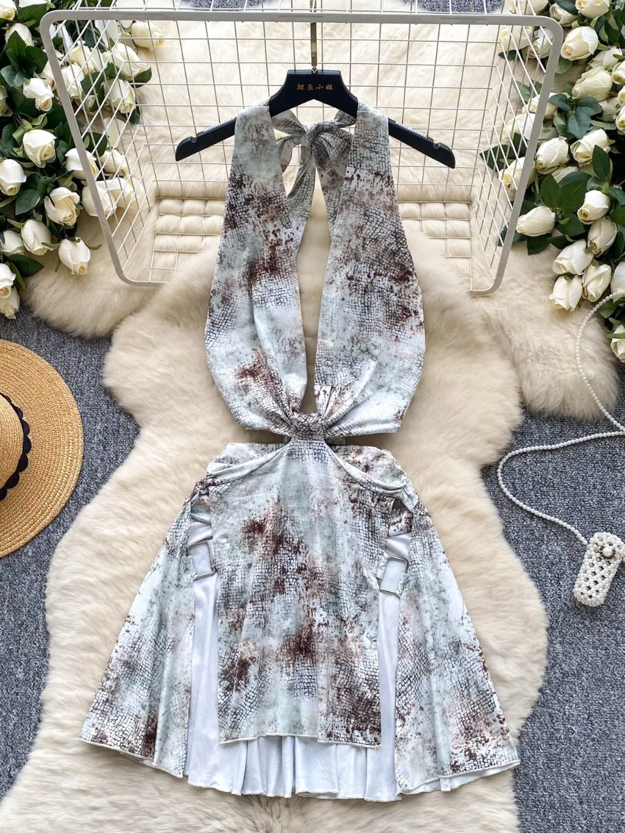 Foamlina Sexy Hollow Out V-Neck Halter Print Dress Women Fashion High Street Cutout Waist Slim Fit Hot Girl Mini Skirt Dress