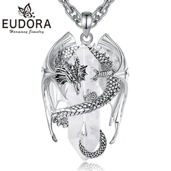 Eudora Dragon Twining Hexagonal Clear Quartz Prismatic Necklace Punk Natural healing stone White Crystal Pendant Jewelry for Man